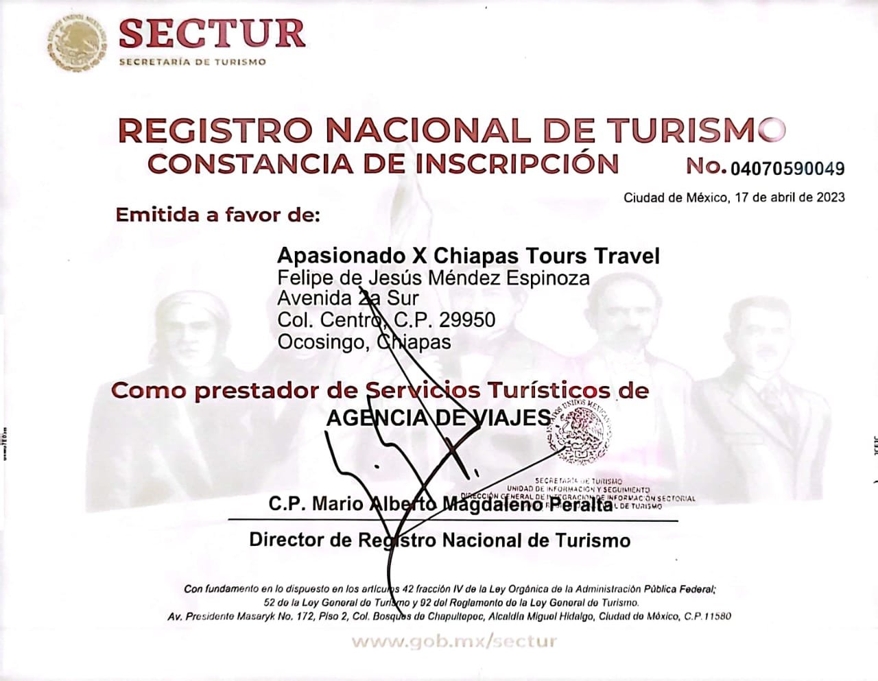 RNT: registro nacional de turismo para apasionado x chiapas - sectur